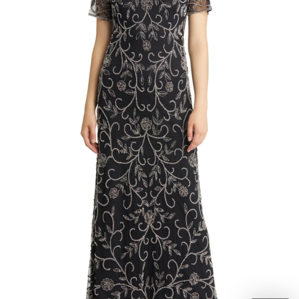 Pissarro Nights Nordstrom Floral Beaded Short Sleeve A-Line Gown.  Size 16 NWT